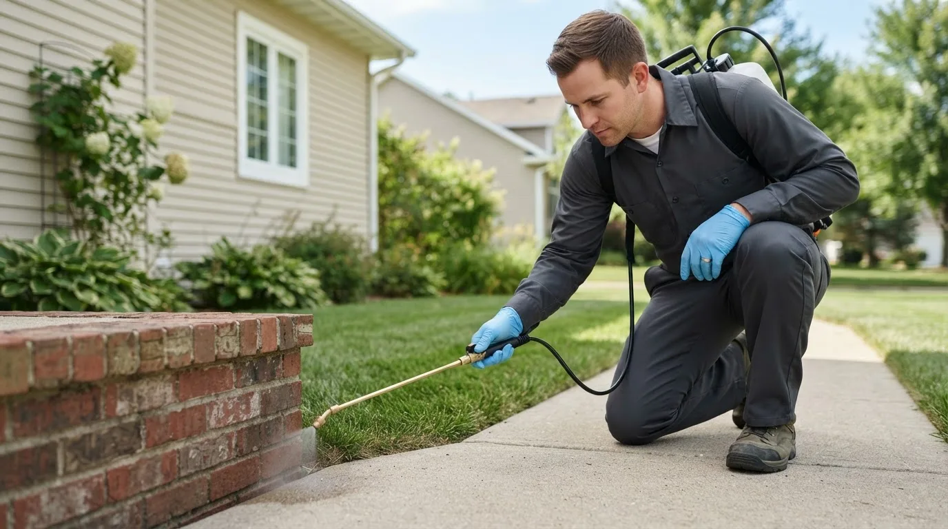 Pest control technician treating a home near Salem, IA